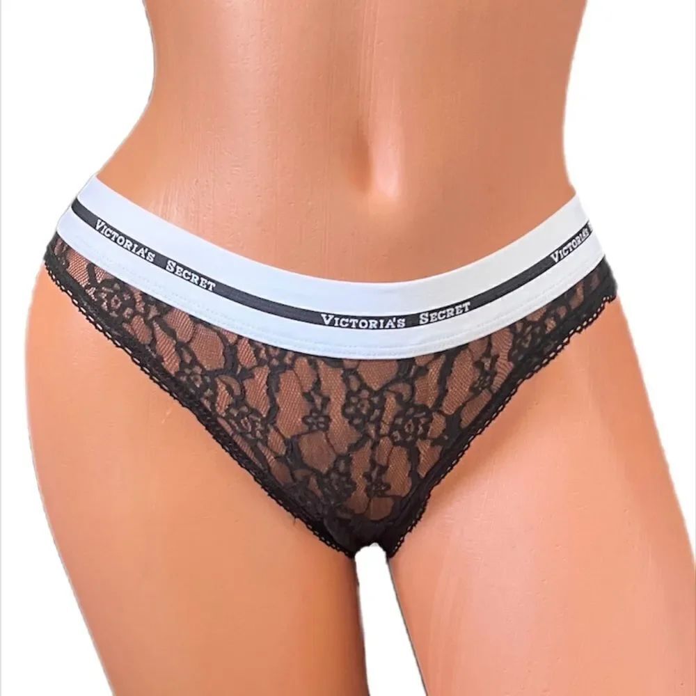 Victorias Secret Logo elastic waistband Low rise Lace Bikini panty black Small